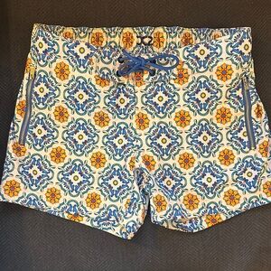 DC Miami Blue and Yellow Patterned Swim Shorts | Velcro Fly | Medium | NWT